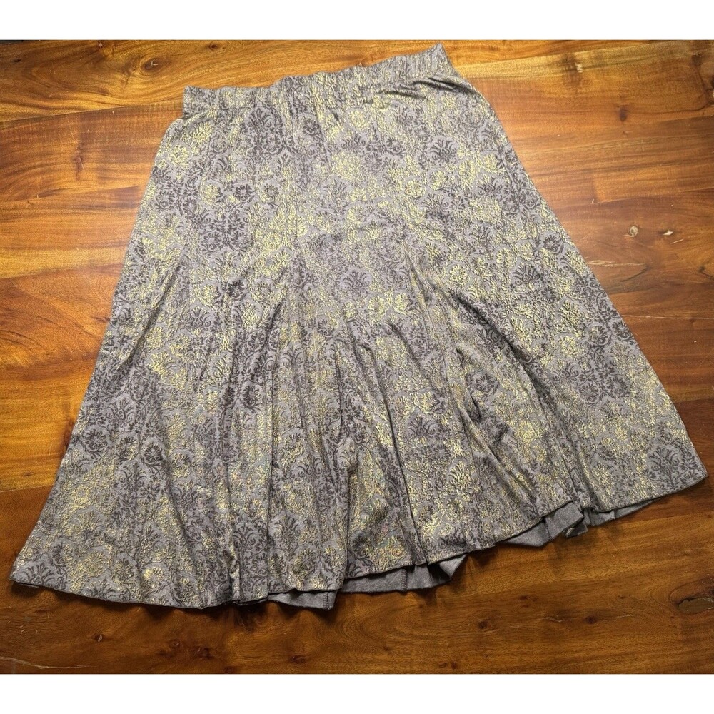 Chicos Metallic Gold Damask A Line Skirt Sz XL 16 Brown Foil Print Midi Stretch